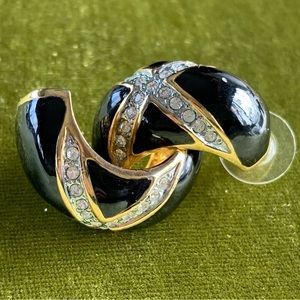 Vintage Black Enamel Rhinestone Costume Jewelry Earrings